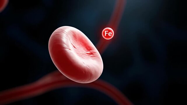 A single red blood cell floating near an Fe iron element, illustrating deficiency. Microscopic view of erythrocytopenia, vital hemoglobin lacking, causing anemia. Medical concept.
