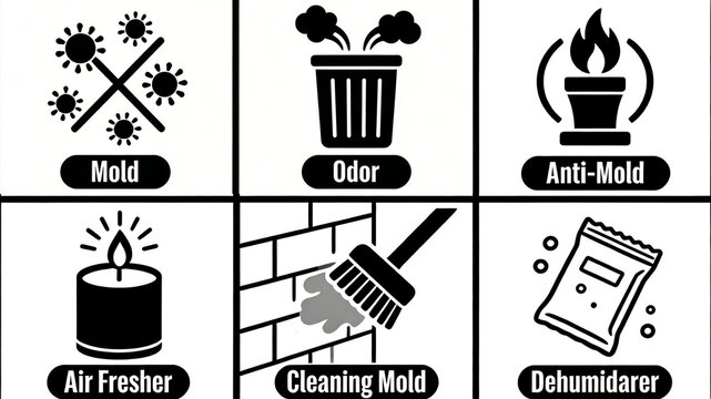 Mold fork, deodorizing garbage bin, and dehumidification bag represent mold removal, deodorization, mold prevention, and dehumidification, suitable for household cleaning and mold removal products.
