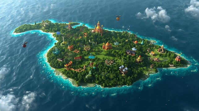 A high up look at a lush green tiny isle out in a deep sea