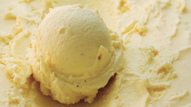 4K Video of a professional metal scoop rolling a perfect ball of creamy vanilla bean ice cream with specks, creating a smooth texture in a tub, ideal for sweet summer dessert commercials and food mark