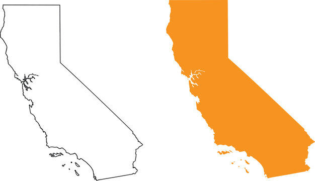 Outline and orange filled map of california state in usa