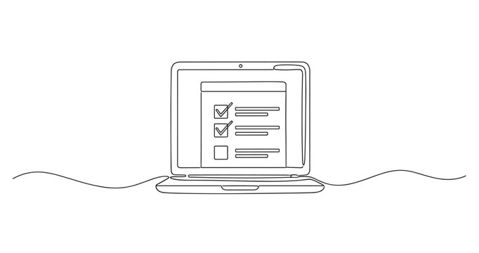 Minimalist continuous line drawing of laptop displaying digital checklist. no editable stroke