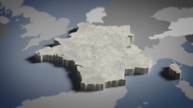 World map animation Birds eye view above France, French, Paris, Europe with highlighted country borders. Cinematic 3d world map animation highlights aerial views, 4k Video