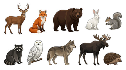 Obraz premium Colored woodland animal icon collection with realistic forest wildlife tones isolated on white background for outdoor and nature-themed design.
