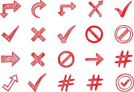 Set of red hand drawn sketch arrow check mark cross and hashtag icons