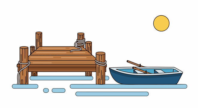 Wooden dock with a rowboat and oars under a yellow sun