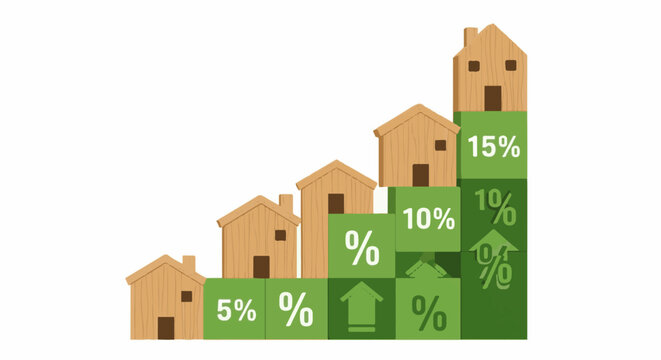 Wooden houses stacked on green blocks showing percentages and upward arrows