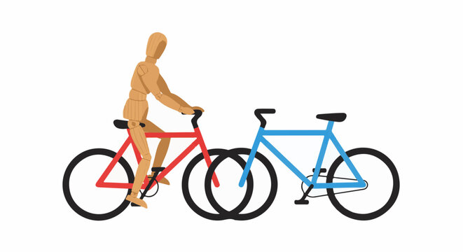 Wooden mannequin rides a red bicycle next to a blue bicycle