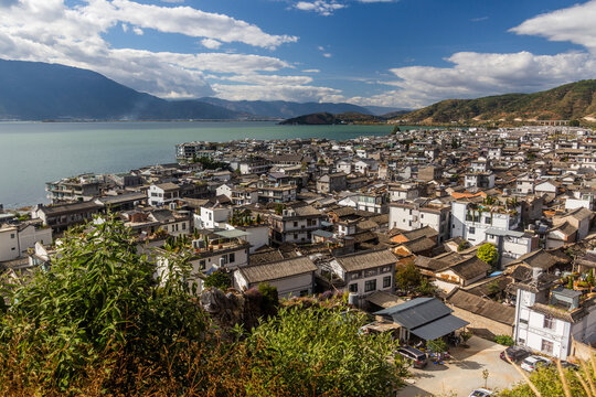Aerial view of Shuanglang town and Erhai lake, Yunnan province, China