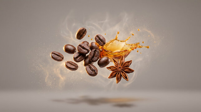 Roasted coffee beans flying with liquid splash and star anise, aromatic coffee explosion with steam on neutral background, cinematic food photography for cafe advertising