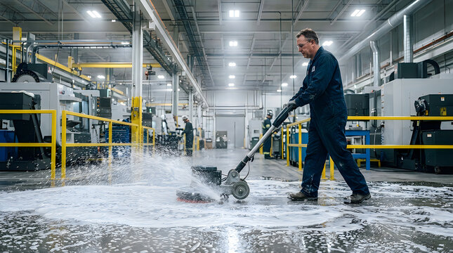 Worker cleaning factory floor with industrial floor scrubber machine