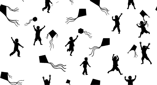 Silhouettes of Children Flying Kites in Playful Pattern Design.