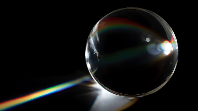 Clear sphere refract light, create rainbow spectrum against a pure black background. Optical physics concept, vibrant colors, abstract science art