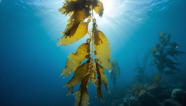 Giant Kelp underwater macro with glowing amber gas bladders in blue ocean