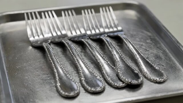 Closeup medium shot of bead edge forks arranged neatly on a metal cafeteria tray emphasizing intricate edge detail for institutional dining