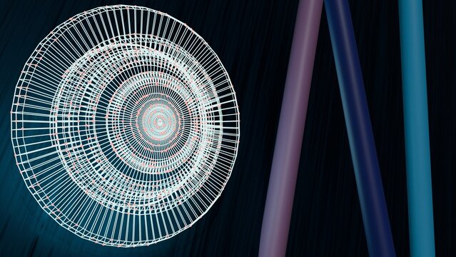 Abstract 3D rendering of a large white wireframe sphere or circular grid structure with small red vertices, set against a dark textured background with thick, glossy vertical cylinders