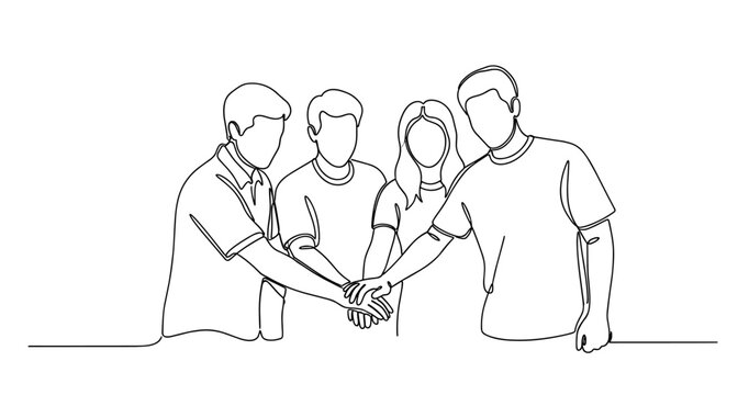 Young diverse team collaboration concept in line art style. No editable stroke