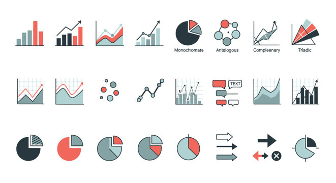 Business Data Analysis Icons: Charts, Graphs, Pie Charts, and Diagrams