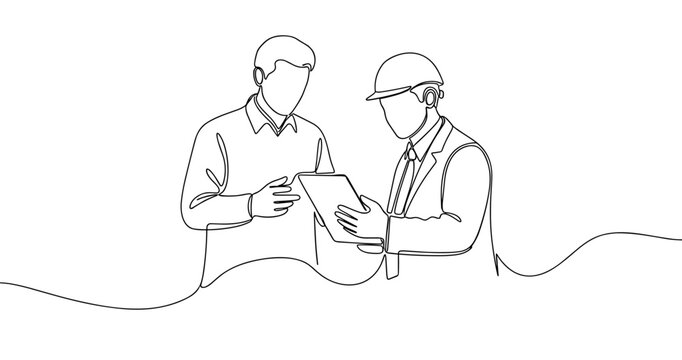 Line art of male engineers discussing project plans with digital tablet. No editable stroke