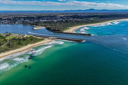Aerial scene capturing the Forster&ndash;Tuncurry breakwalls in NSW, Australia