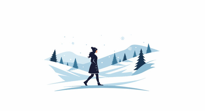 A lone figure walks through a snowy, treelined landscape under falling snow