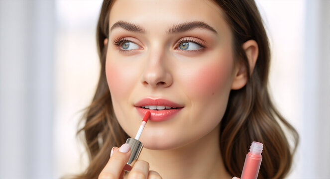 Young woman applying pink lip gloss. Female model with flushed cheeks and natural makeup. Spring and summer seasonal cosmetics concept