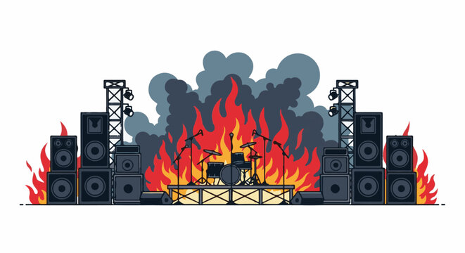 A concert stage engulfed in flames with speakers and drum kit