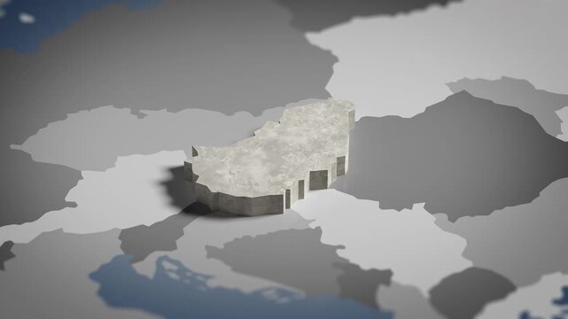 World map animation Birds eye view above Hungary, Hungarian, Budapest, Europe with highlighted country borders. Cinematic 3d world map animation highlights aerial views, 4k Video