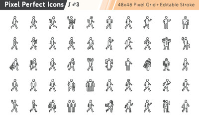 Naklejka premium Set of 48x48 pixel perfect line icons representing diverse human figures in motion and activity against a clean white backdrop