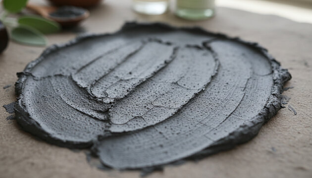Dark grey volcanic bentonite clay face mask texture with fine organic cracks