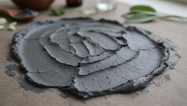 Dark grey volcanic bentonite clay face mask texture with fine organic cracks