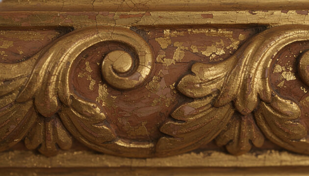 Antique traditional water gilding texture with worn gold leaf over red clay bole