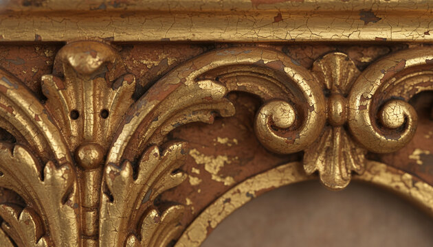 Antique traditional water gilding texture with worn gold leaf over red clay bole