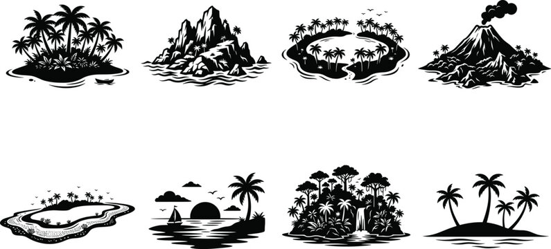 Tropical island silhouettes palm trees lagoon volcano cliffs atoll sunset sailboat waterfall coastal scenery illustration design vector collection landscape
