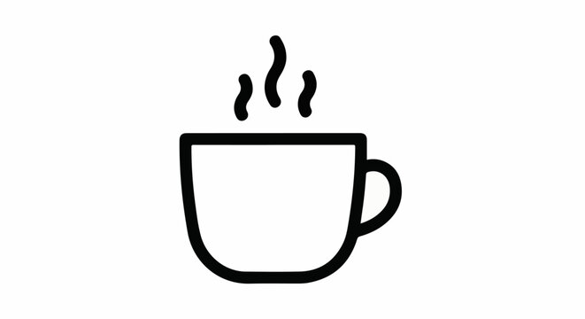 A simple black outline icon of a steaming coffee cup