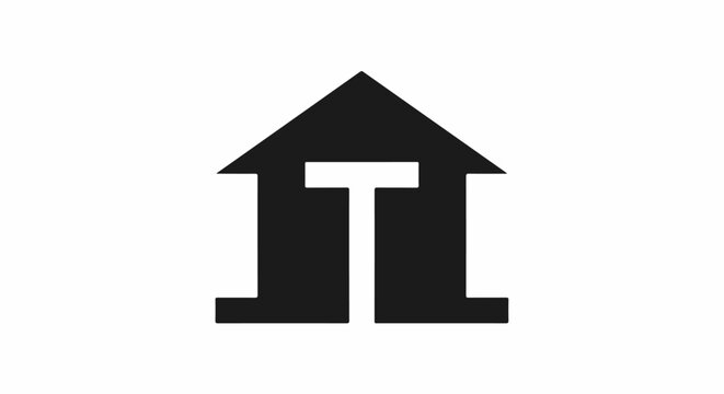A simple black symbol of a building with an abstract T-shape