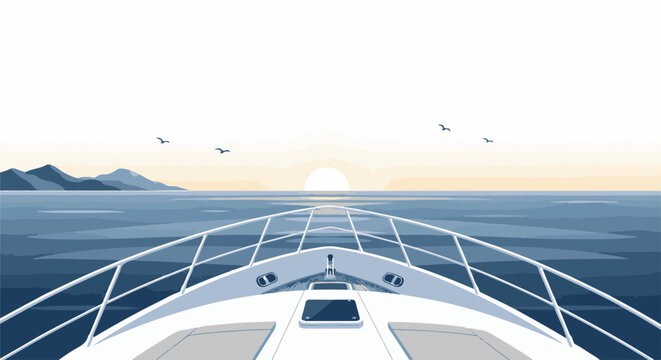 A pixel art view from a boat deck as the sun sets over the calm ocean