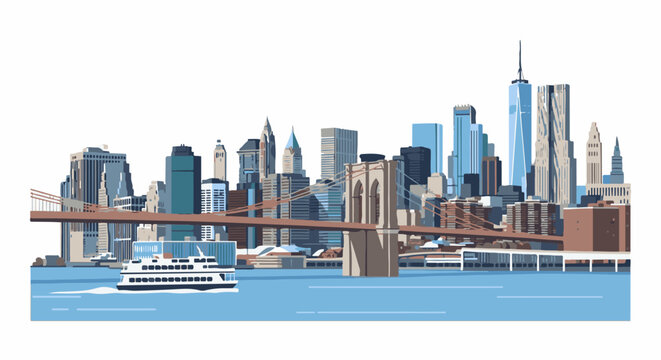 A pixelated urban skyline with a prominent bridge and a ferry on the water