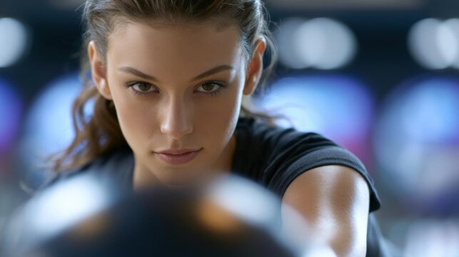 Close-up portrait of a young woman in a gym. she is wearing a black t-shirt and her hair is pulled back in a ponytail.