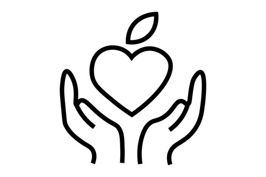 The image features a minimalist line art icon centered on a solid white background. It depicts a pair of open, cupped hands holding a central heart shape from underneath.