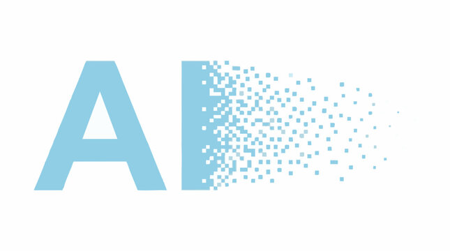 AI text with dissolving pixels representing digital transformation