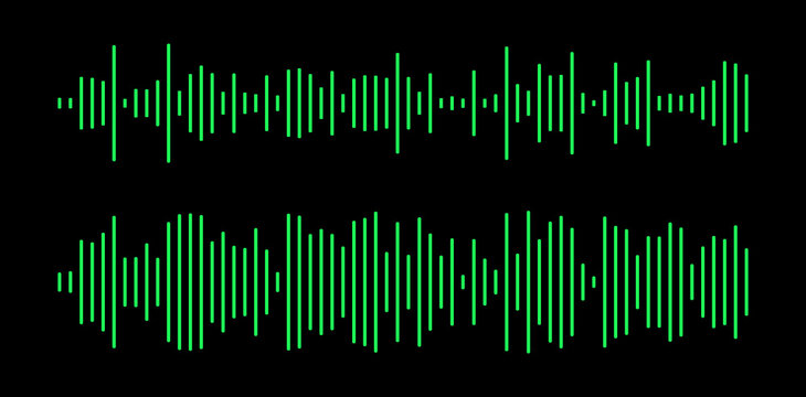 Mobile messenger elements, podcast, online radio, music player interface or app. Waveform patterns. Audio chat speech sound wave icons set. Template of green voice message. Green equalizer symbols col