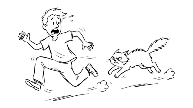 young man running from angry cat chasing him across ground with frightened expression, simple line art of a angry cat chasing a scared guy on white background