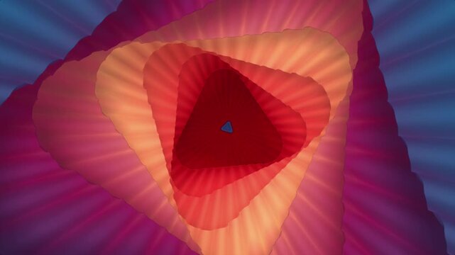 Procedural 4K seamless loop featuring a pulsing portal with pleated textures. Vibrant sunset color palette of orange, red, and purple for high-tech backgrounds and music video production