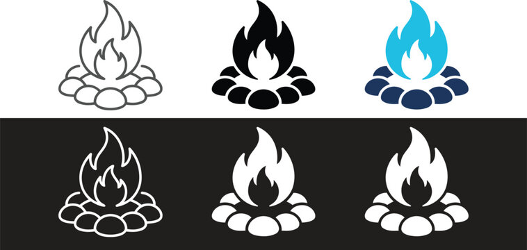 Bonfire with stones icon. Campfire and outdoor fire symbol. Burning wood, flame and heat sign. Fire pit and camping concept representing warm bonfire and open flame.