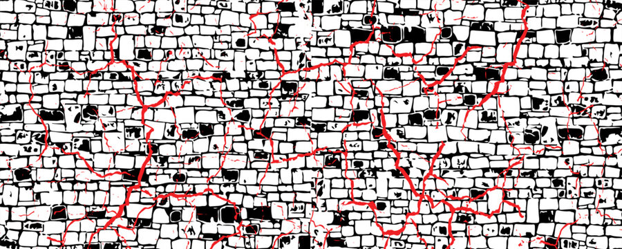 Abstract background featuring a high-contrast black and white stone brick wall texture overlaid with dramatic, vibrant red lightning-like crack patterns for a bold, artistic design.