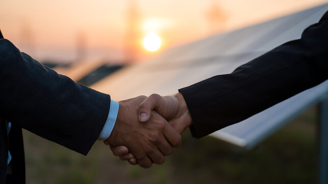 Professional Business Handshake at Sunset with Clean Energy Technology in Background, Representing Partnership and Sustainable Success