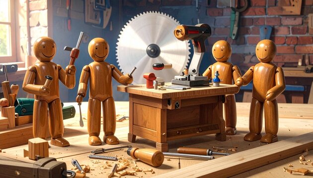 Wooden artist mannequins posed on workshop bench, holding hammer and tools, engaging in carpentry teamwork, scattered equipment, brick wall and window background, creative playful representation of co