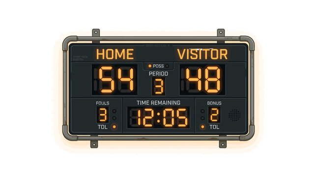 Digital Basketball Scoreboard with Home and Visitor Scores, Time Remaining, Period, Fouls, and Bonus
