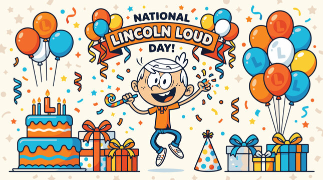 National Lincoln Loud Day celebration concept, cartoon boy with white hair and orange polo shirt celebrating with balloons, confetti, cake, and party decorations
